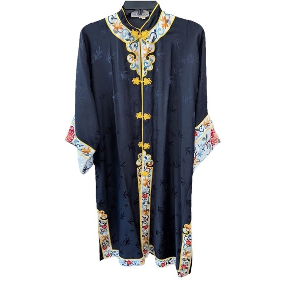 Jade Lantern Kimono Vintage Chinese Black Silk Robe Floral Embroidered L  Duster - Picture 2 of 10
